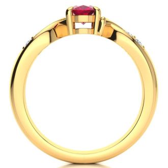 1 Carat Oval Shape Ruby and Four Diamond Ring In 10 Karat Yellow Gold
