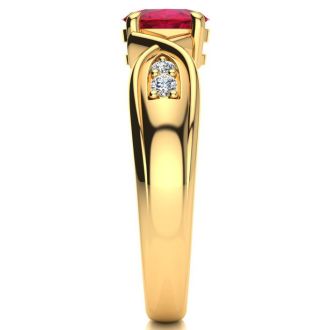 1 Carat Oval Shape Ruby and Four Diamond Ring In 10 Karat Yellow Gold
