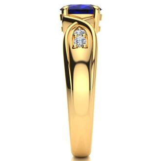 1 Carat Oval Shape Sapphire and Four Diamond Ring In 10 Karat Yellow Gold