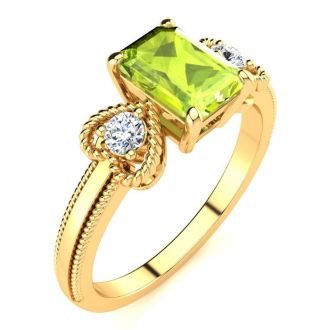 1 1/4 Carat Peridot and Two Diamond Heart Ring In 10 Karat Yellow Gold