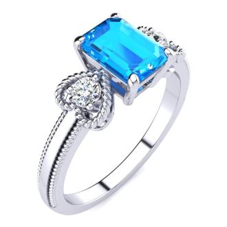 1 1/3 Carat Blue Topaz and Two Diamond Heart Ring In 10 Karat White Gold