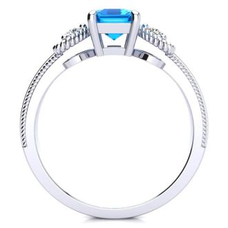 1 1/3 Carat Blue Topaz and Two Diamond Heart Ring In 10 Karat White Gold