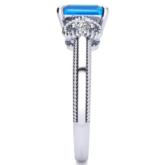 1 1/3 Carat Blue Topaz and Two Diamond Heart Ring In 10 Karat White Gold