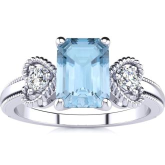 Aquamarine Ring: Aquamarine Jewelry: 1 Carat Aquamarine and Two Diamond Heart Ring In 10 Karat White Gold