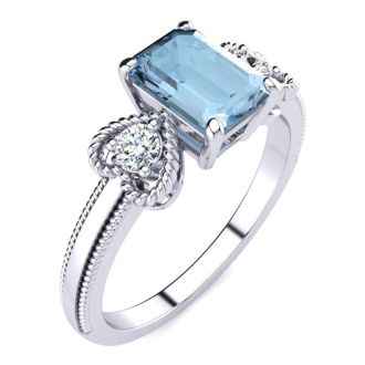 Aquamarine Ring: Aquamarine Jewelry: 1 Carat Aquamarine and Two Diamond Heart Ring In 10 Karat White Gold