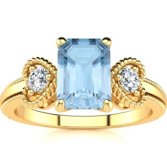 Aquamarine Ring: Aquamarine Jewelry: 1 Carat Aquamarine and Two Diamond Heart Ring In 10 Karat Yellow Gold