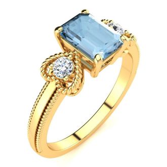 Aquamarine Ring: Aquamarine Jewelry: 1 Carat Aquamarine and Two Diamond Heart Ring In 10 Karat Yellow Gold