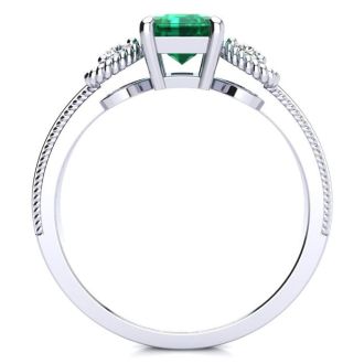 1 Carat Emerald and Two Diamond Heart Ring In 10 Karat White Gold
