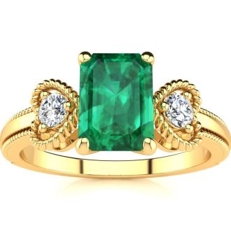 1 Carat Emerald and Two Diamond Heart Ring In 10 Karat Yellow Gold