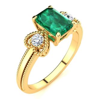 1 Carat Emerald and Two Diamond Heart Ring In 10 Karat Yellow Gold