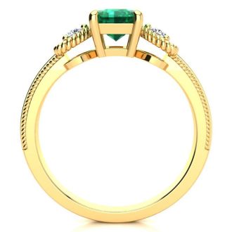 1 Carat Emerald and Two Diamond Heart Ring In 10 Karat Yellow Gold