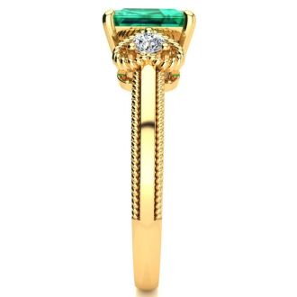 1 Carat Emerald and Two Diamond Heart Ring In 10 Karat Yellow Gold