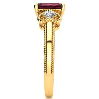 Garnet Ring: Garnet Jewelry: 1 1/2 Carat Garnet and Two Diamond Heart Ring In 10 Karat Yellow Gold