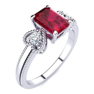 1 Carat Ruby and Two Diamond Heart Ring In 10 Karat White Gold
