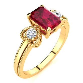 1 Carat Ruby and Two Diamond Heart Ring In 10 Karat Yellow Gold