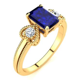 1 1/4 Carat Sapphire and Two Diamond Heart Ring In 10 Karat Yellow Gold