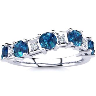 1 Carat Blue and White Diamond Journey Band Ring in 10K White Gold