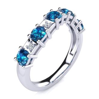 1 Carat Blue and White Diamond Journey Band Ring in 10K White Gold