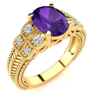 1 3/4 Carat Oval Shape Amethyst and Diamond Ring In 10 Karat Yellow Gold