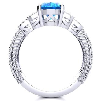2 1/3 Carat Oval Shape Blue Topaz and Diamond Ring In 10 Karat White Gold