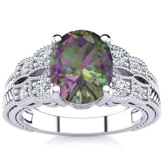 2-1/3 Carat Oval Shape Mystic Topaz Ring With Diamonds In 10 Karat White Gold