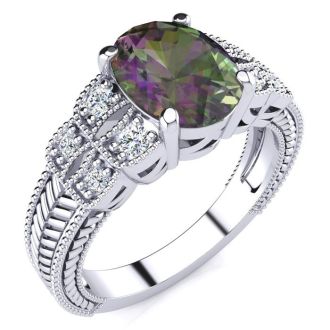 2-1/3 Carat Oval Shape Mystic Topaz Ring With Diamonds In 10 Karat White Gold