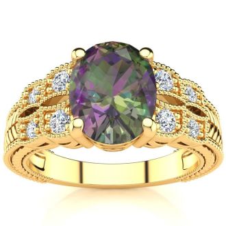 2-1/3 Carat Oval Shape Mystic Topaz Ring With Diamonds In 10 Karat Yellow Gold