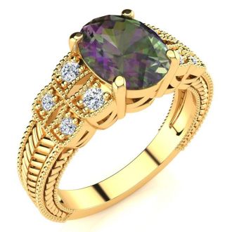 2-1/3 Carat Oval Shape Mystic Topaz Ring With Diamonds In 10 Karat Yellow Gold