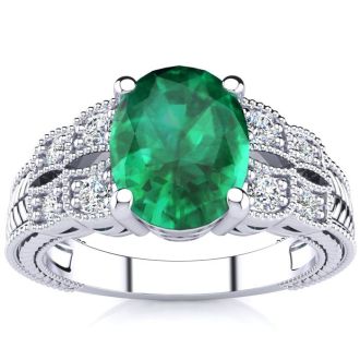 2 Carat Oval Shape Emerald and Diamond Ring In 10 Karat White Gold