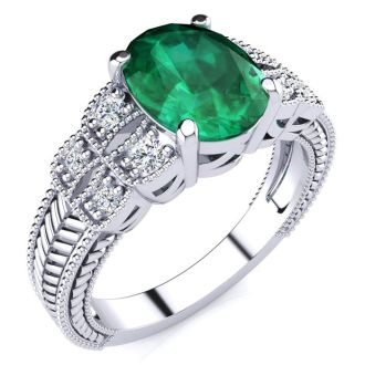 2 Carat Oval Shape Emerald and Diamond Ring In 10 Karat White Gold