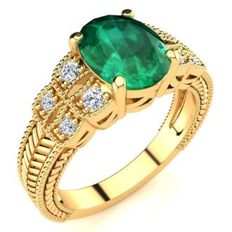 2 Carat Oval Shape Emerald and Diamond Ring In 10 Karat Yellow Gold