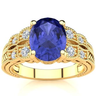 2 Carat Oval Shape Tanzanite and Diamond Ring In 10 Karat Yellow Gold