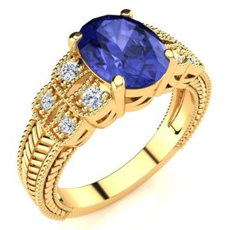2 Carat Oval Shape Tanzanite and Diamond Ring In 10 Karat Yellow Gold