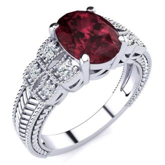 Garnet Ring: Garnet Jewelry: 2 Carat Oval Shape Garnet and Diamond Ring In 10 Karat White Gold