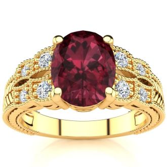 Garnet Ring: Garnet Jewelry: 2 Carat Oval Shape Garnet and Diamond Ring In 10 Karat Yellow Gold