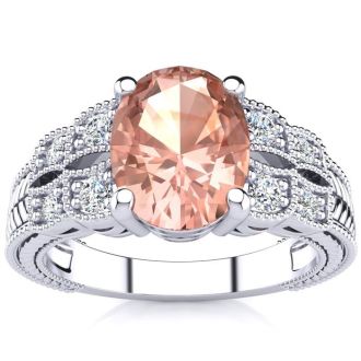 2 Carat Oval Shape Morganite and Diamond Ring In 10 Karat White Gold