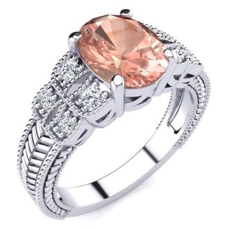 2 Carat Oval Shape Morganite and Diamond Ring In 10 Karat White Gold