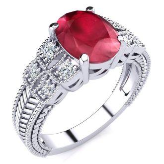 3 Carat Oval Shape Ruby and Diamond Ring In 10 Karat White Gold