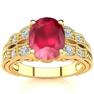 3 Carat Oval Shape Ruby and Diamond Ring In 10 Karat Yellow Gold