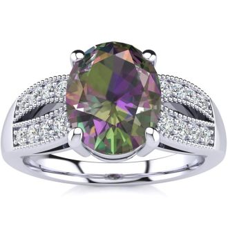 2-1/3 Carat Oval Shape Mystic Topaz Ring With Diamonds In 14 Karat White Gold