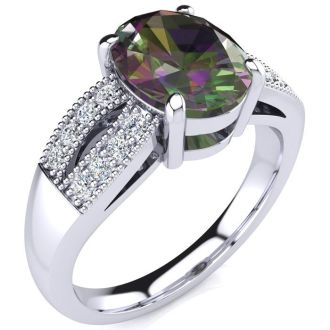 2-1/3 Carat Oval Shape Mystic Topaz Ring With Diamonds In 14 Karat White Gold
