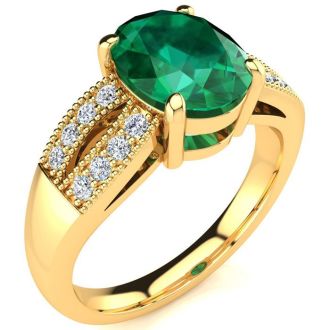 2 Carat Oval Shape Emerald and Diamond Ring In 14 Karat Yellow Gold