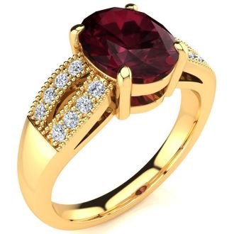 Garnet Ring: Garnet Jewelry: 2 Carat Oval Shape Garnet and Diamond Ring In 14 Karat Yellow Gold