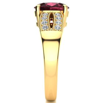 Garnet Ring: Garnet Jewelry: 2 Carat Oval Shape Garnet and Diamond Ring In 14 Karat Yellow Gold