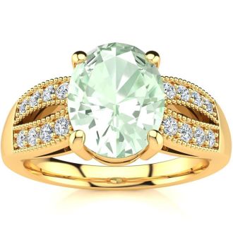 1 3/4 Carat Oval Shape Green Amethyst and Diamond Ring In 14 Karat Yellow Gold