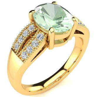 1 3/4 Carat Oval Shape Green Amethyst and Diamond Ring In 14 Karat Yellow Gold
