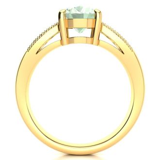 1 3/4 Carat Oval Shape Green Amethyst and Diamond Ring In 14 Karat Yellow Gold