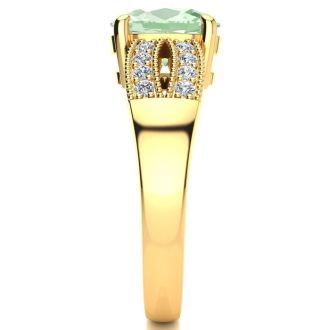 1 3/4 Carat Oval Shape Green Amethyst and Diamond Ring In 14 Karat Yellow Gold