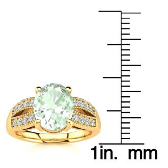 1 3/4 Carat Oval Shape Green Amethyst and Diamond Ring In 14 Karat Yellow Gold