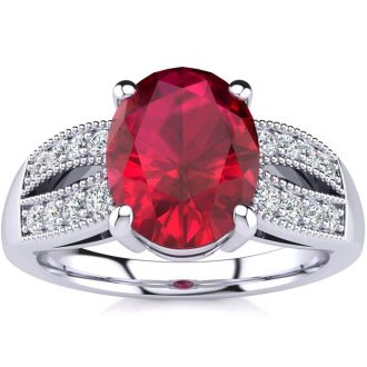 3 Carat Oval Shape Ruby and Diamond Ring In 14 Karat White Gold